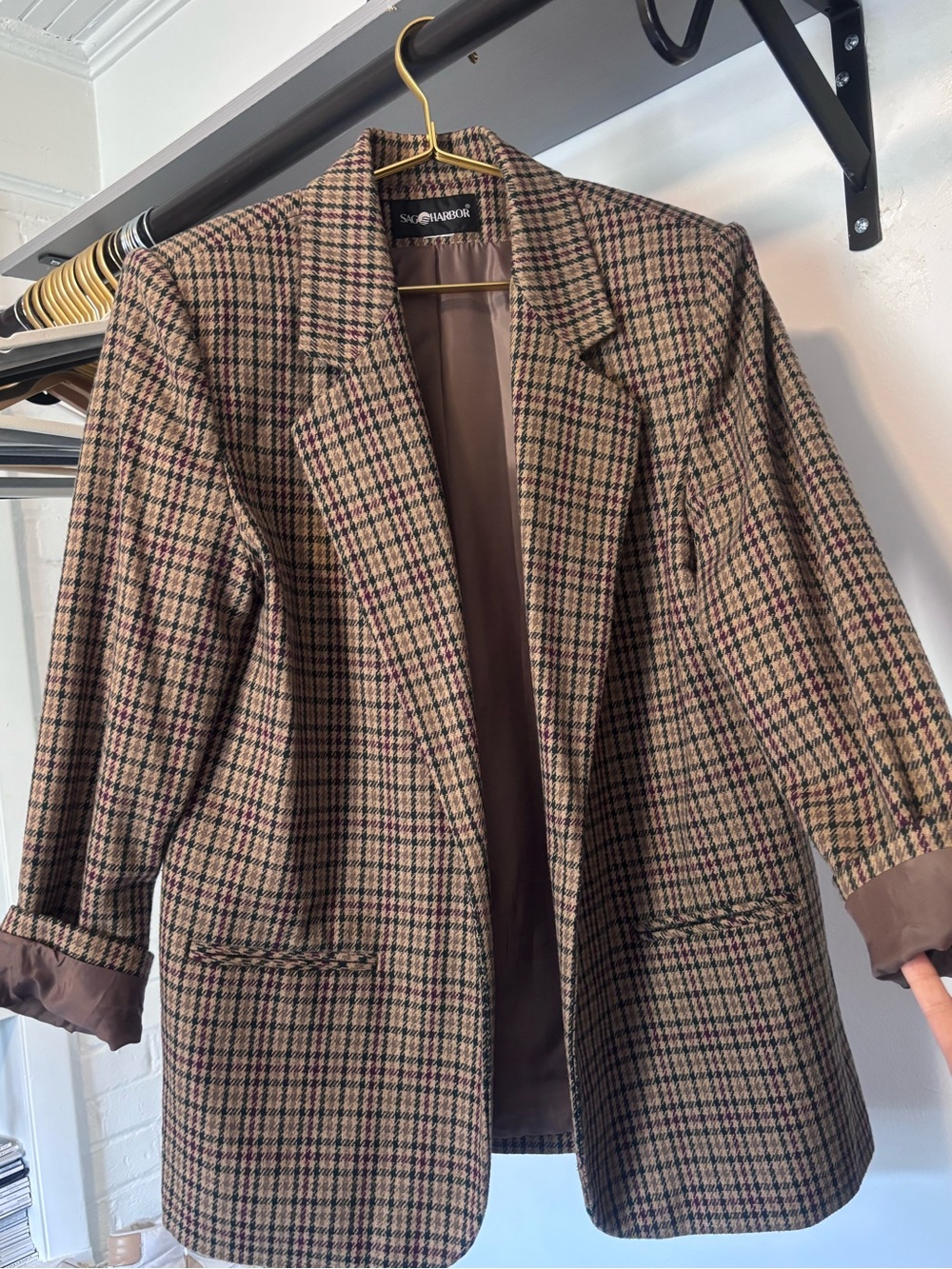 Sag Harbor Vintage Brown Plaid wool blend Women's Blazer Jacket Sz L
